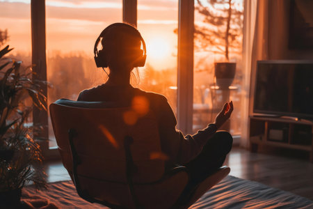 Person relaxing at home, wearing headphones, sitting by window during golden hour, finding peace and mindfulnessの素材