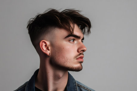 Young man with a modern hairstyle, fashionable beard, and an earring, looking away. Copy space availableの素材