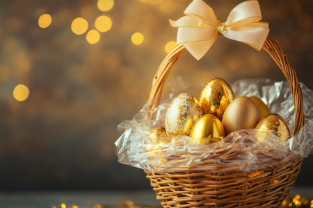 Wicker basket holding golden Easter eggs, some patterned, cellophane wrapped with a ribbon bow against a bokeh backgroundの素材