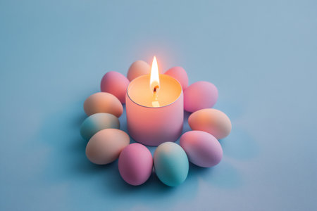 Lit candle centering pastel Easter egg arrangement on blue background, symbolizing celebration, hope, and new beginningsの素材
