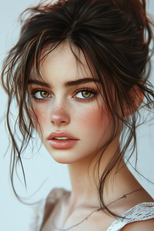 Young woman looking directly at viewer, wearing a messy bun with loose strands. Features include freckles and natural makeupの素材