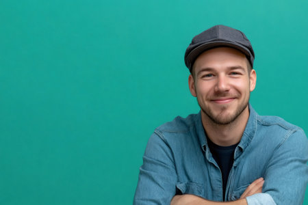 Young man wearing a flat cap and denim shirt, smiling at camera with arms crossed against a teal backgroundの素材