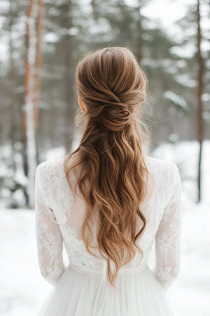 Woman standing with elegant half up hairstyle and loose waves. Bridal fashion in a snowy forest sceneの素材