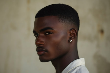Young Black man showing a sharp fade haircut and direct gaze. Concept of timeless beauty and modern masculinityの素材