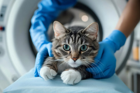 Cat with striking blue eyes being prepared by veterinarian for a diagnostic MRI scan, focusing on pet healthcare and animal medicineの素材