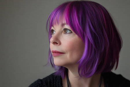 Confident woman showing her unique personality and modern beauty with a colorful bob haircut and expressive eyesの素材