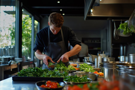 Chef's hands meticulously preparing fresh green ingredients for a healthy salad or meal in a commercial restaurant kitchenの素材