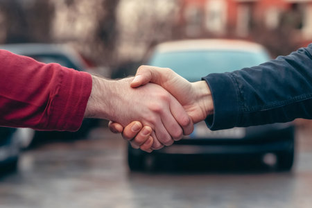 Mechanic and customer shaking hands in agreement after a successful car repair, symbolizing trust and satisfactionの素材