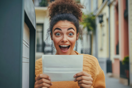Happy young woman reacting to good news, holding an envelope received from a mailbox. Expressing joy and anticipationの素材