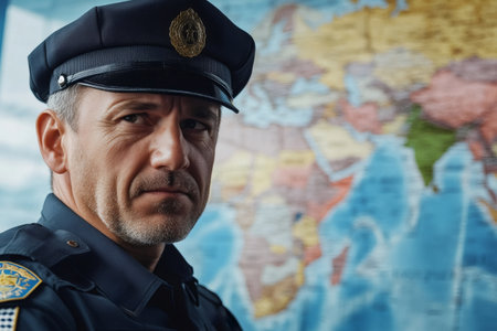 Experienced law enforcement officer in uniform standing against a blurred world map, representing international cooperation and global strategyの素材