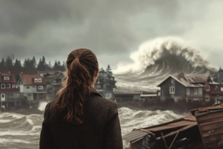 Woman stands watching a huge wave overwhelming buildings and homes in a coastal community under a dark, stormy skyの素材