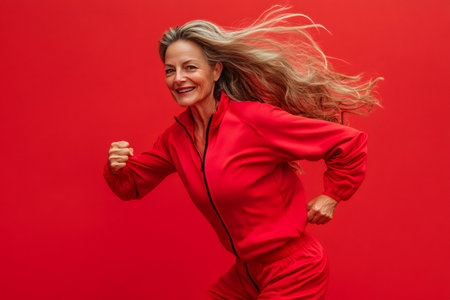 Energetic mature woman running in a red tracksuit, enjoying an active lifestyle, celebrating vitality and fitnessの素材