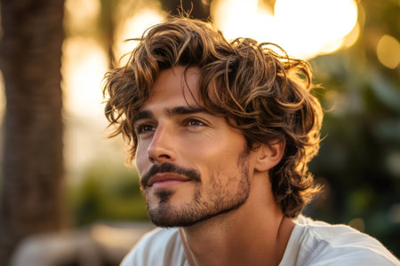 Young man with wavy hair and beard looking up outdoors during golden hour, reflecting a hopeful feelingの素材
