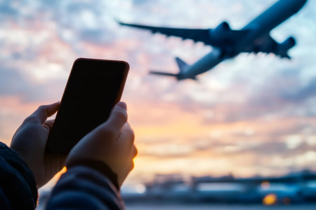 Hands holding smartphone against a blurred airplane in the sky, symbolizing travel planning and digital connectivityの素材