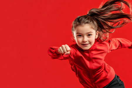 Young girl smiling energetically, performing a punch with her arm raised and hair flying back on a vibrant red backgroundの素材