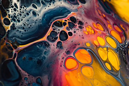 Fluid acrylic paint spreading and mixing, forming organic shapes, intricate patterns, and vibrant color cellsの素材