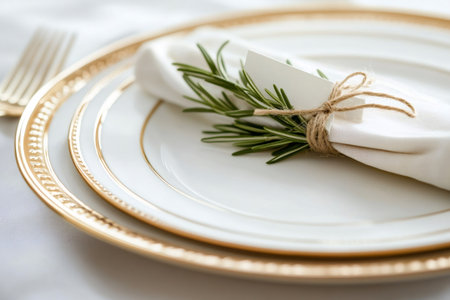 Elegant place setting on white tablecloth, featuring white and gold rimmed plates, a napkin, rosemary, and a name cardの素材