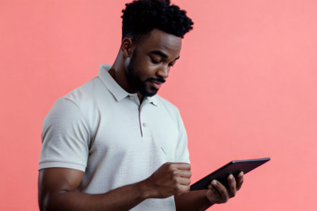 Young professional man using a digital drawing tablet with stylus, creating design concepts in a modern digital workspaceの素材
