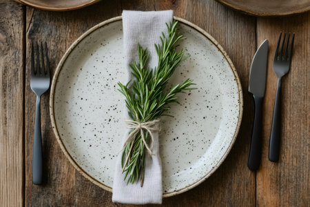 Elegant dining table setting featuring a speckled stoneware plate, linen napkin with rosemary, and black cutlery on a wooden surfaceの素材