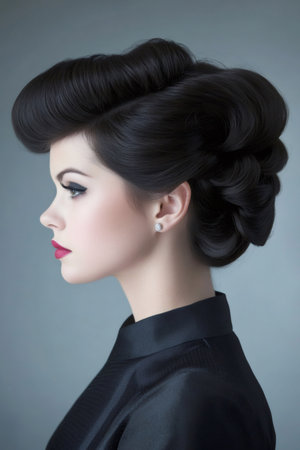 Woman in profile showcasing a sophisticated vintage beehive hairstyle with prominent winged eyeliner and bold red lipstickの素材