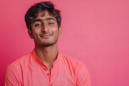 Young Indian man smiling, expressing positivity and happiness. Wearing traditional kurta, posing confidently on a vibrant pink backgroundの素材