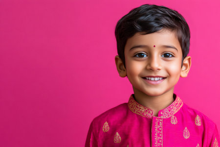 Young happy Indian boy smiling brightly at camera, dressed in a traditional pink kurta with golden embroidery, plain backgroundの素材