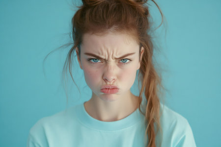 Close up of a young red haired woman with furrowed brows and pursed lips showing irritation against a blue backgroundの素材