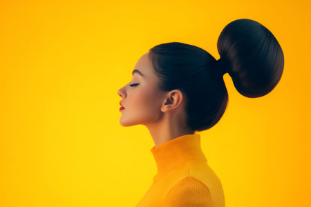 Young woman's profile featuring a sleek, voluminous bubble hairstyle and yellow turtleneck, creating a fashion forward lookの素材