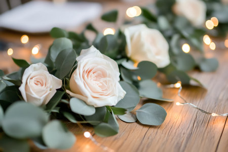 Elegant floral garland featuring pink roses, eucalyptus leaves, and twinkling string lights arranged on a wooden tableの素材