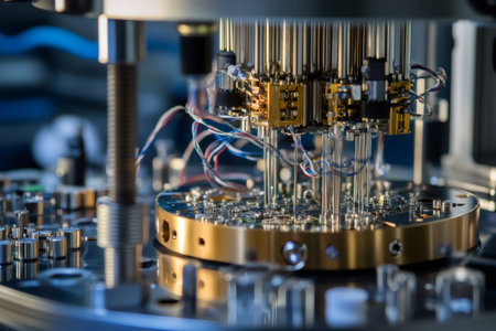 Complex quantum computing processor close up, showing intricate electronic components, wires, and a gold colored circuit diskの素材