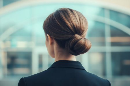 Professional woman in business jacket with chignon, gazing at modern office building from indoors, poised and contemplative future leaderの素材