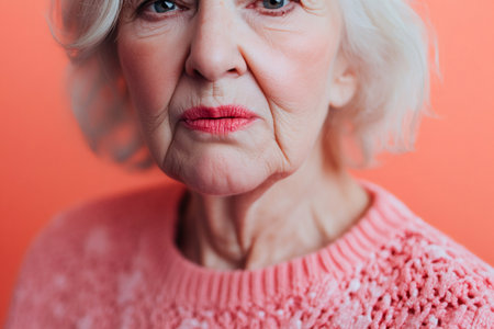 Senior woman looking at camera with a concerned facial expression. Her lips are slightly parted, wearing pink lipstickの素材