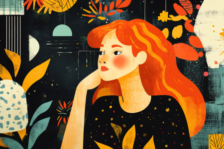 Woman with red hair looking thoughtfully, surrounded by abstract floral and geometric elements on a dark backgroundの素材