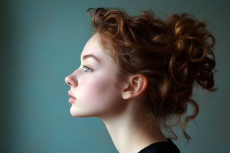 Young woman in profile showing beautiful natural curly hair. Reflecting youth, beauty, and thoughtful expressionの素材