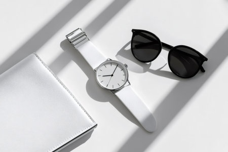 Modern lifestyle essentials including a white watch, wallet, and black sunglasses arranged on a clean white surface with sharp shadow linesの素材