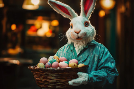 Easter Bunny character wearing a costume, carrying a woven basket brimming with brightly colored eggs, celebrating holiday traditionsの素材