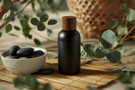 Black bottle with a wooden cap, black spa stones in a bowl, and eucalyptus branches, creating a natural wellness compositionの素材
