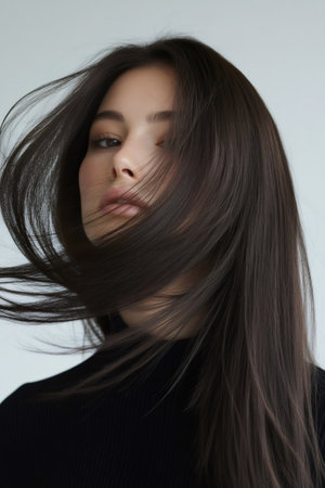 Young brunette woman flipping long, glossy straight hair in studio headshot, conveying beauty, freshness and hair care eleganceの素材