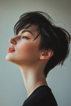 Young woman looking up with a confident expression. Profile portrait capturing hope, aspiration, and beauty with a modern pixie haircutの素材