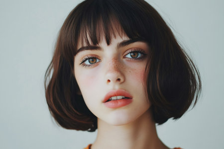 Close up of a young woman with a bob haircut and bangs, light skin, freckles, and striking eyes, looking at cameraの素材