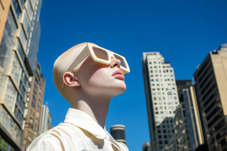 Young person with albinism wearing distinctive sunglasses and light clothing, looking up against a clear blue sky in a cityの素材