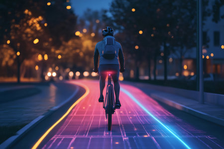 Cyclist traveling on a glowing grid road, representing future urban mobility and sustainable transport solutions with advanced technologyの素材