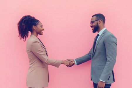 Diverse professionals making a successful deal, collaborating on a new project. Corporate partnership and teamwork concept with pink backgroundの素材