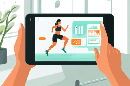 Hands holding a tablet displaying a fitness application with a running woman illustration and performance tracking dataの素材
