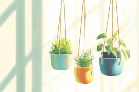 Various potted plants in colorful hanging planters, creating a serene and natural ambiance with soft lightingの素材