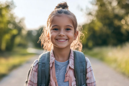 Young happy girl with backpack standing outdoors, looking at camera and smiling. Future dreams and education conceptの素材