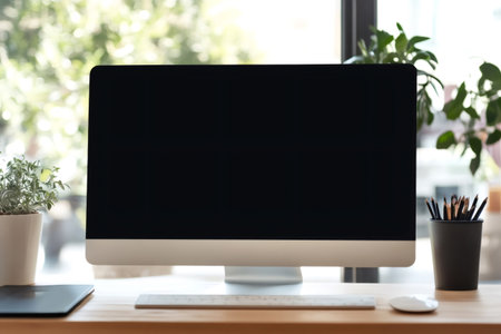 Modern computer monitor presenting a blank screen, placed on a wooden office desk ready for a user with copy spaceの素材
