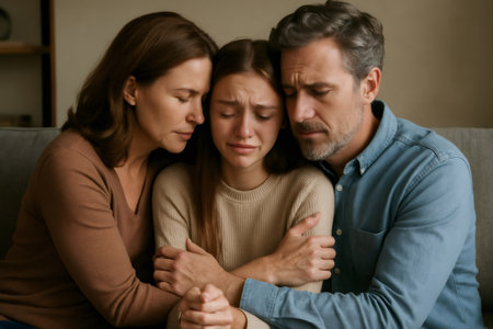 Parents hugging their sad teenage daughter, offering comfort and support during an emotional breakdown moment at homeの素材