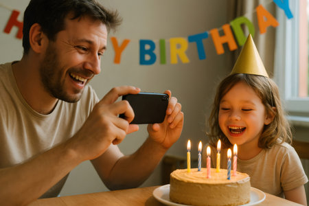 Father using smartphone to capture his happy child celebrating birthday, blowing out candles on cake under Happy Birthday bannerの素材