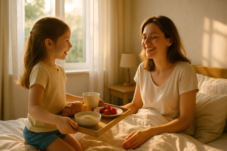 Happy child bringing smiling mom a surprise breakfast in bed, celebrating family love and care in the morningの素材